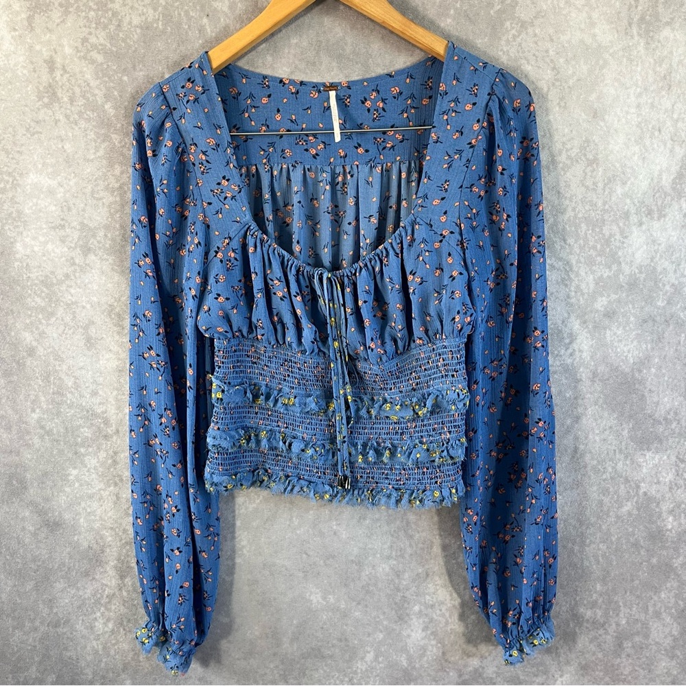 Free People Smocked Blouse Womens Small Blue Floral Long Sleeve Square Neck Top